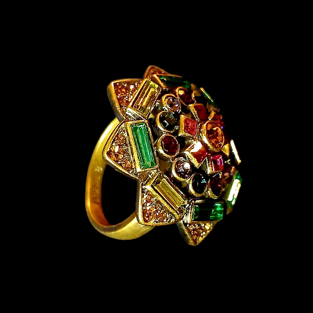 Elegant FOSSIL Goldtone and Multicolor Crystal Ring